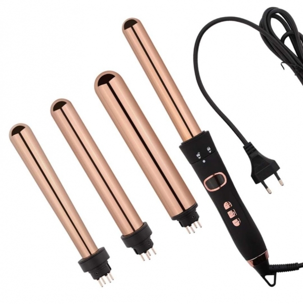 5 in 1 Interchangeable Barrels and Heat Resistant Glove Hair Curler Wand Set With Rose Golden Color 5P