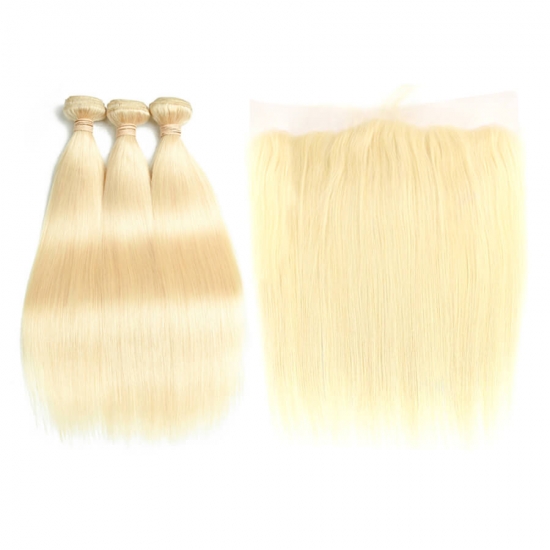 Msbeauty 10A Straight Hair 3 Blonde 613 Bundles With Lace Frontal Closure